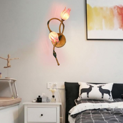 Yellow/Pink Bloom Shape Wall Sconce 2 Lights Elegant Style Frosted Glass Metal Wall Light for Shop Bedroom