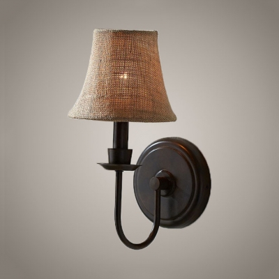 1 Light Tapered Shade Wall Sconce American Rustic Style Metal and Fabric Sconce Light in Black for Restaurant