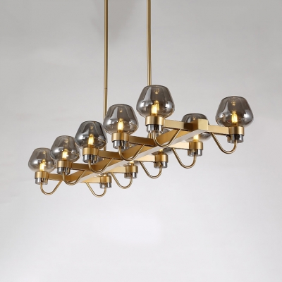 10 Lights Linear Chandelier Vintage Style Metal and Clear/Amber/Smoke Gray Glass Pendant Light in Gold for Dining Room