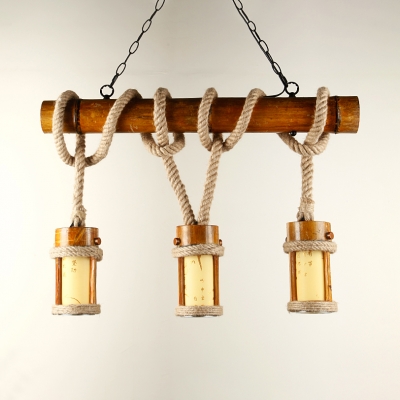 3 Lights Cylinder Hanging Lighting Vintage Style Bamboo and Rope Island Pendant for Restaurant Bar
