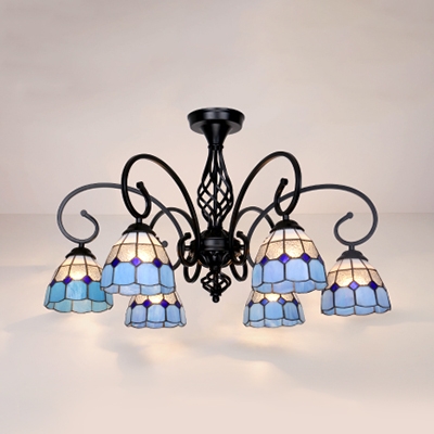 6 Lights Cone Ceiling Lamp Tiffany Style Antique Metal Semi Flush Ceiling Light in White/Blue/Yellow/Beige