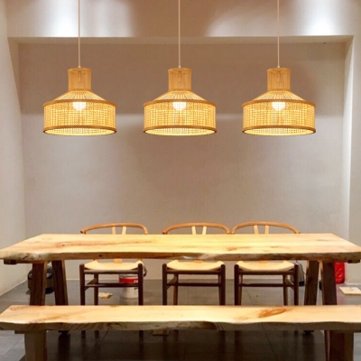 Antique Style LED Pendant Lighting Drum Shape Single Light Rattan Ceiling Lamp for Dinning Room