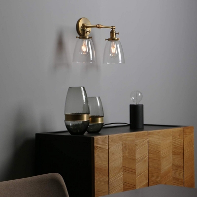 Bell Shape Wall Light Metal and Clear Glass 2 Light Industrial Wall Lamp in Brass for Dining Room Bathroom