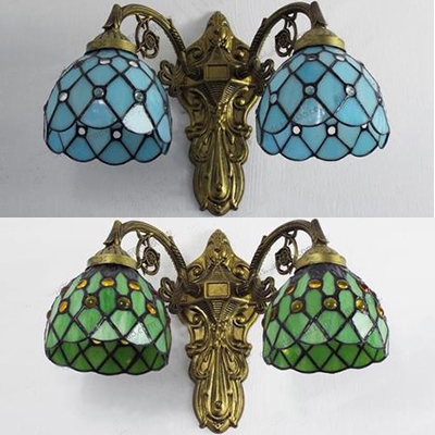 Bowl Living Room Sconce Light Green/Blue Glass 2 Lights Tiffany Style Antique Wall Light