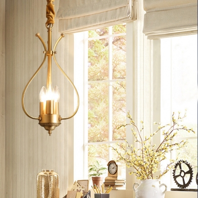 Candle Foyer Bedroom Chandelier Metal 3 Lights Antique Style Pendant Lighting in Brass