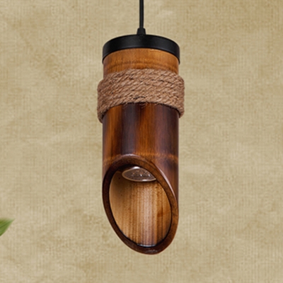 Coffee Shop Cylinder Hanging Light Bamboo Single Light Rustic Style Brown Hanging Lamp
