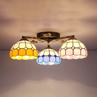 Cone/Dome Ceiling Lamp Living Room 3 Lights Stained Glass Tiffany Style Semi Flush Mount Light