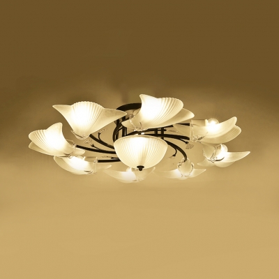 Contemporary Black Semi Flush Mount Light with White Shell Shade and Crystal 3/6/10 Lights Metal Ceiling Light for Bedroom