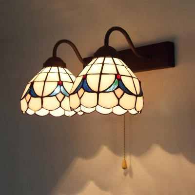Dome Living Room Sconce Light with Pull Chain 2 Lights Stained Glass Baroque Wall Light
