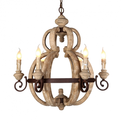 European Style Candle Chandelier 6 Lights Metal and Wood Pendant Lighting for Living Room