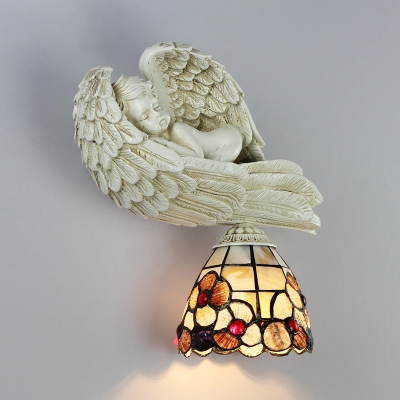 Floral Wall Light 1 Light Stained Glass Resin Tiffany Style Wall Lamp with Angel Decoration for Bedroom
