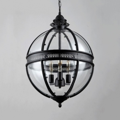 Industrial Globe Pendant Light Metal and Glass 3 Lights Black Hanging Pendant for Living Room
