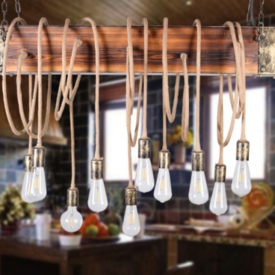 Industrial Style Bare Bulb Island Lighting10-Light Wood and Rope Linear Hanging Lamp in Antique Brass/Black