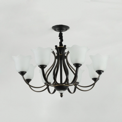 Metal and Glass Pendant Light 3/6/8 Lights Antique Style Flower Shade Chandelier in Black for Bedroom