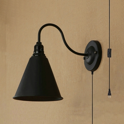 Metal Cone Shape Sconce Light Dinging Room Hotel 1 Light Vintage Style Wall Lamp with Plug In Cord in Black