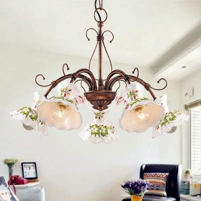 Metal White Flower Shade Chandelier 3/5 Lights Antique Style Pendant Lamp in Rust for Living Room