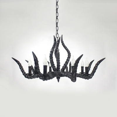 ntique Style Candle Chandelier with Deer Horn 6 Lights Resin Hanging Light in Black for Dining Room