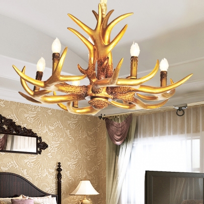 Resin Deer Horn Chandelier Dining Room Living Room 6 Lights Vintage Style Pendant Light in Gold
