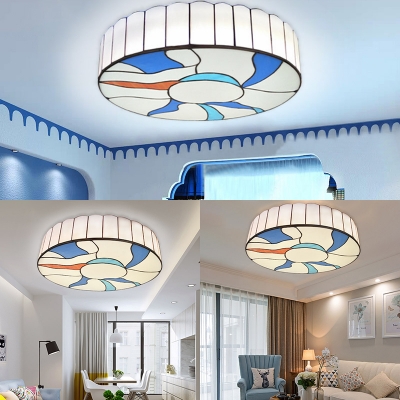 Stained Glass Round Ceiling Lamp Hand Made Simple Style Flush Ceiling Light in White for Foyer