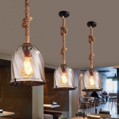 Swirl Glass Bell Ceiling Light Single Bulb Industrial Hanging Light with Hanging Rope and Metal Mesh