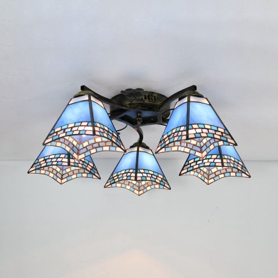 Tapered Foyer Semi Flush Mount Light Stained Glass 5 Lights Rustic Style Ceiling Light