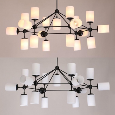 Traditional Cylinder Shade Chandelier Frosted Glass 19 Lights Black Pendant Light for Cloth Shop