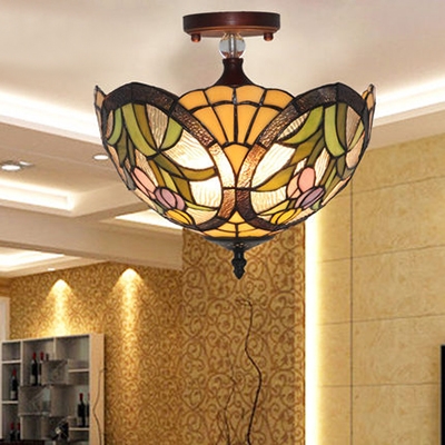Traditional Flower Semi Flush Light Stained Glass 3/4 Lights Ceiling Fixture for Living Room