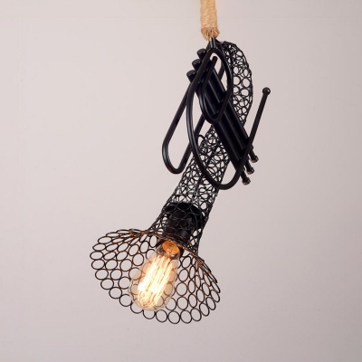 Vintage Style Black Ceiling Light with Horn Shape Single Light Metal Pendant Light for Study