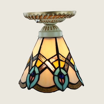 Vintage Style Ceiling Light 1 Light Stained Glass Sunflower/Lily/Peacock Tail Flush Mount Light