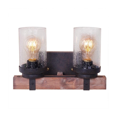 Vintage Style Cylinder Wall Light Single Light Bubble Glass and Wood Wall Lamp for Hallway Bar