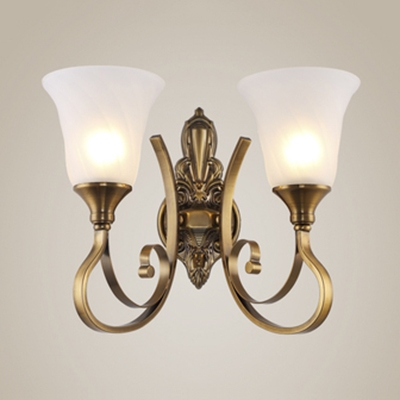 1/2 Lights Sconce Light with White Bell Shade Antique Style Glass Metal Wall Lamp for Bedroom Hallway