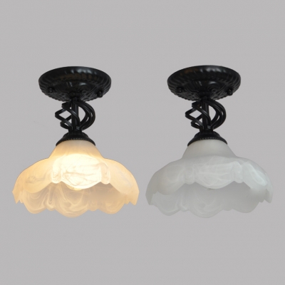 1 Light Flower Light Fixture Rustic Frosted Glass Flush Ceiling Light in Black/White for Hallway