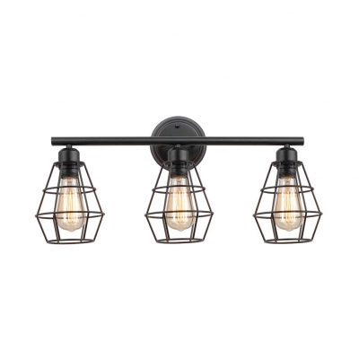3-Ligt Tapered Shade Vanity Light  for Bathroom Industrial Wire Guard Wall Lighting in Black