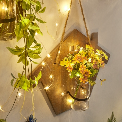 House Shaped Hanging Light with Bottle and Plant Decoration Rustic Style Wood and Glass Fairy Light for Foyer