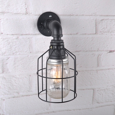 Antique Black Sconce Wall Light with Wire Cage Single Light Metal and Clear/Blue Glass Wall Lamp for Bar
