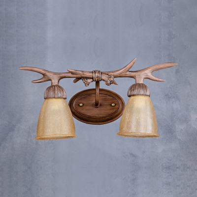 Antique Style Bell Shape Sconce 2 Lights Frosted Glass Wall Lamp with Deer Horn Decoration for Indoor