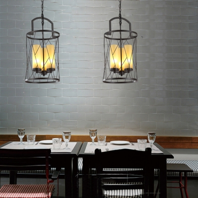 Black Cylinder Chandelier 3 Lights Antique Metal Hanging Lamp for Dining Room Foyer