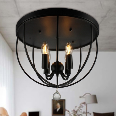 Black Dome Flush Light with Metal Frame and Clear Crystal Ball Industrial Flush Mount for Hallway