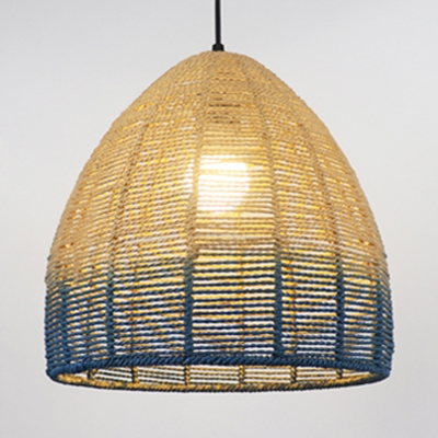 Blue Cone Shade Hanging Light Modern Simple Straw Rope 1 Bulb Pendant Lamp, 13
