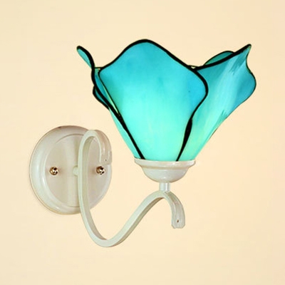 Blue Flower Shade Wall Lamp 1 Light Mediterranean Style Glass Sconce Light for Bathroom