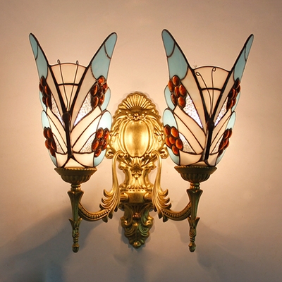 Butterfly Bathroom Sconce Light Stained Glass 2 Lights Tiffany Style Antique Wall Light