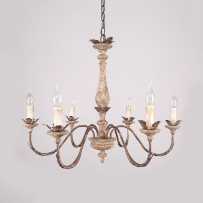 Candle Shape Chandelier Lamp Wood 6 Lights Rustic Style Pendant Lighting for Living Room Foyer