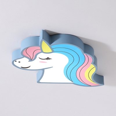 Child Bedroom Flush Mount Light White Lighting/Stepless Dimming Unicorn Shape Ceiling Light in Pink/Blue