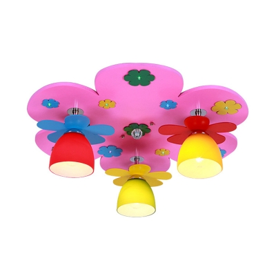 Colorful Flower Semi Flush Mount Light Creative Wood Bowl Shade LED Light Fixture for Girl Boy Bedroom
