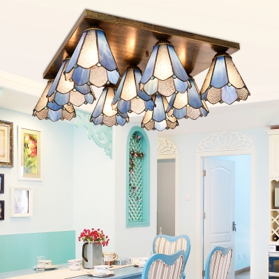 Cone Living Room Flush Ceiling Light Stained Glass 9 Lights Tiffany Style Ceiling Mount Light