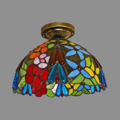 Dining Room Bowl Flush Mount Light Stained Glass 1 Light Rustic Style Ceiling Light