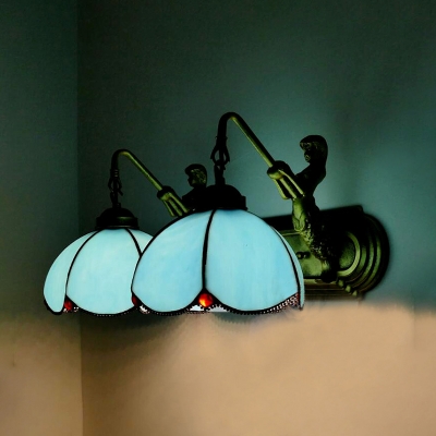 Dome Living Room Sconce Lamp Blue/Clear Glass 2 Lights Tiffany Style Wall Lamp with Mermaid Decoration
