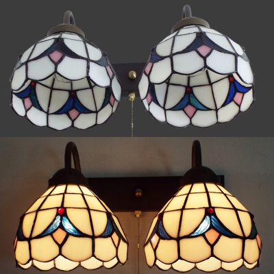 Dome Living Room Sconce Light with Pull Chain 2 Lights Stained Glass Baroque Wall Light