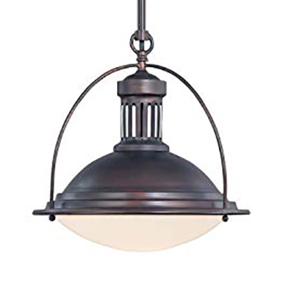 Domed Pendant Light with White Glass Shade and Hanging Rod One Light Vintage Ceiling Light in Antique Bronze