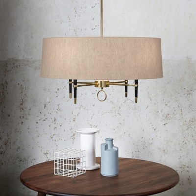 Drum Shade Dining Room Chandelier Fabric & Metal 4 Lights American Rustic Suspension Light